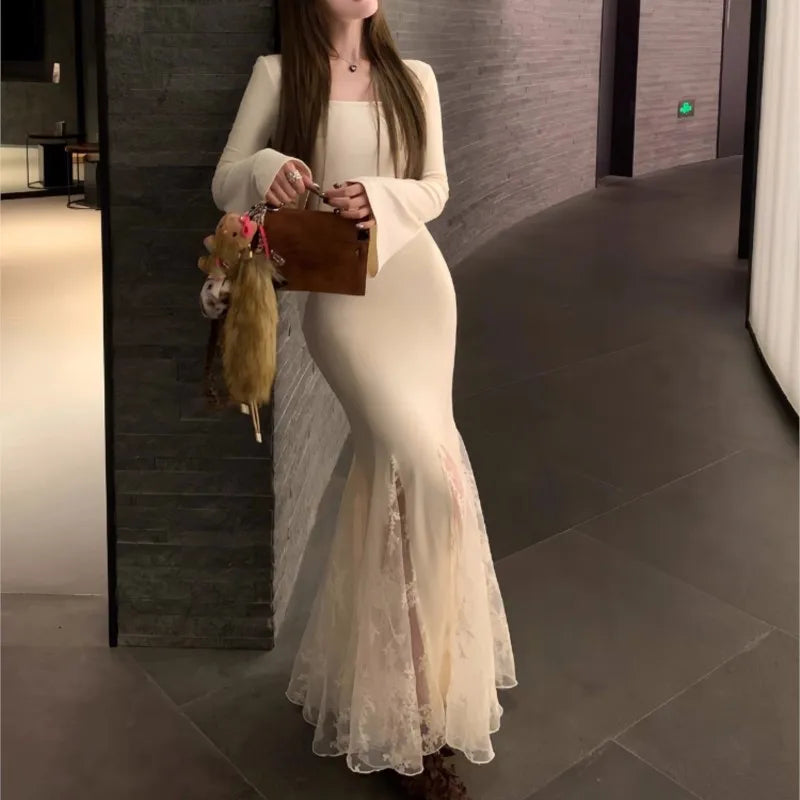 Bodycon Midi Dresses Flare Sleeve Slim Mermaid Dress Lace Fishtail Korean One Piece Party Dress Vestidos
