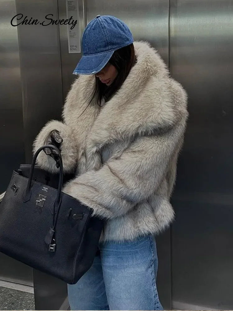 Winter Gradient Faux Fur Coat Big Fur Collar Pockets Loose Jacket Female Lady High Street Overcoats