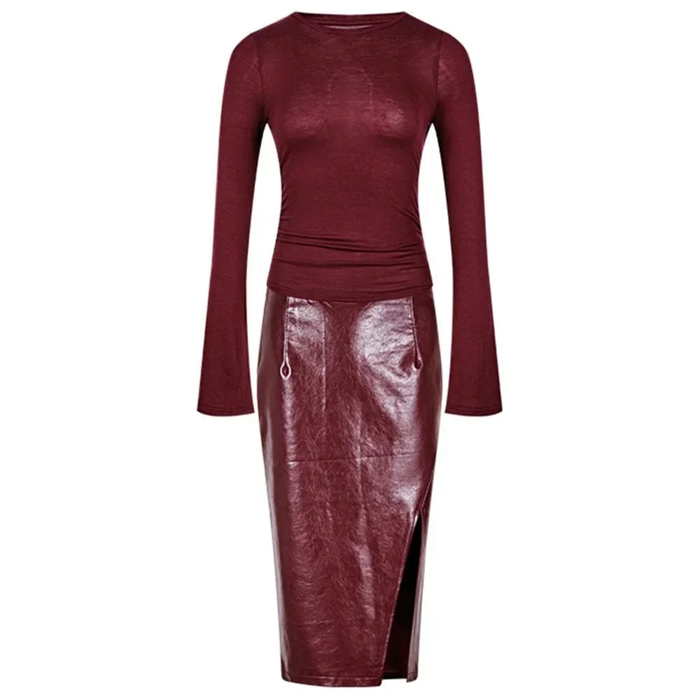 Temperament Slim Dress New High Waist Slit Cover Hip Leather Skirt Luxurious Party Evening Long Dresses