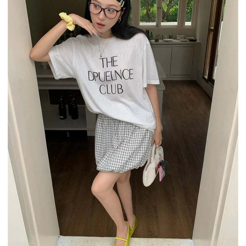 Korean Contrast Color Plaid Sweet Bud Skirt Summer New High Waist Loose Pleated Mini Skirt