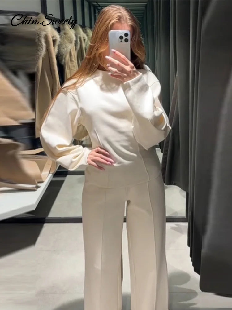 ’s 2-piece Pants Sets Long Sleeve O-neck Sweatshirts Wide Leg Pleated Trousers Autumn Lady Lazy Tracksuit