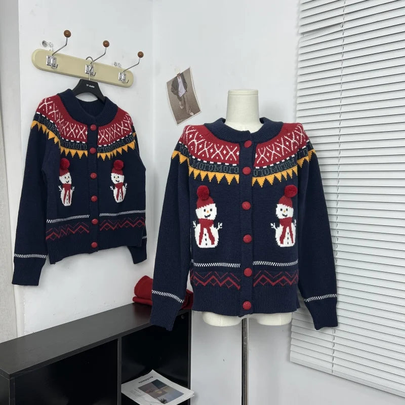 Sweet Hot Girl Retro Knitted Cardigan Winter Snowman Pattern Oneck Loose Sweater Coat Female Clothes