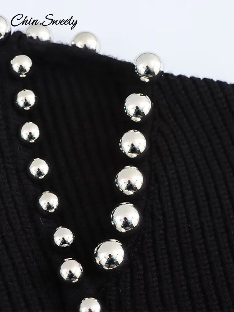 ’s Beading Sweater Pullover Knitted Black Long Sleeve O-neck Jumper New Spring Lady Outwears