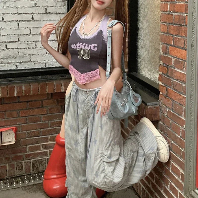 Summer New Korean Letter Printed Lace Patchwork Camisole + High Waist Drawstring Striped Pants Twopiece Suit