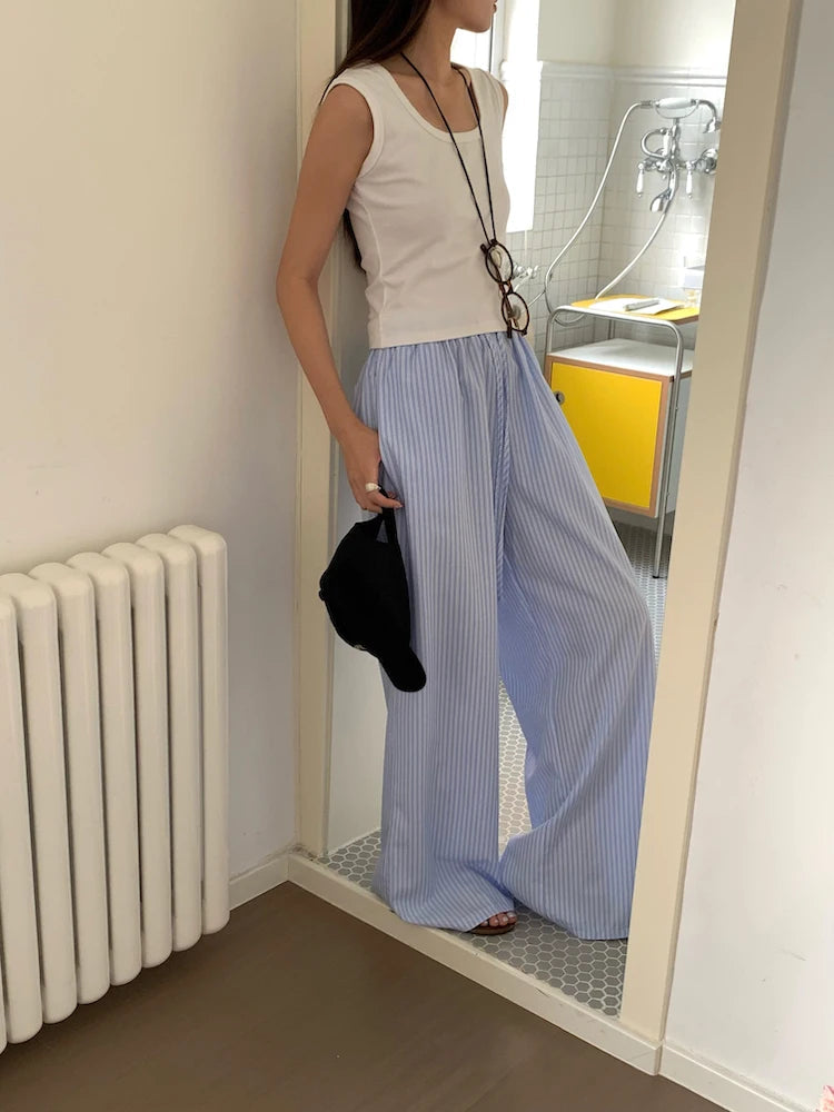 Korean Summer Age Reducing Temperament Elastic Waist Drawstring Loose Versatile Striped Pants Floor