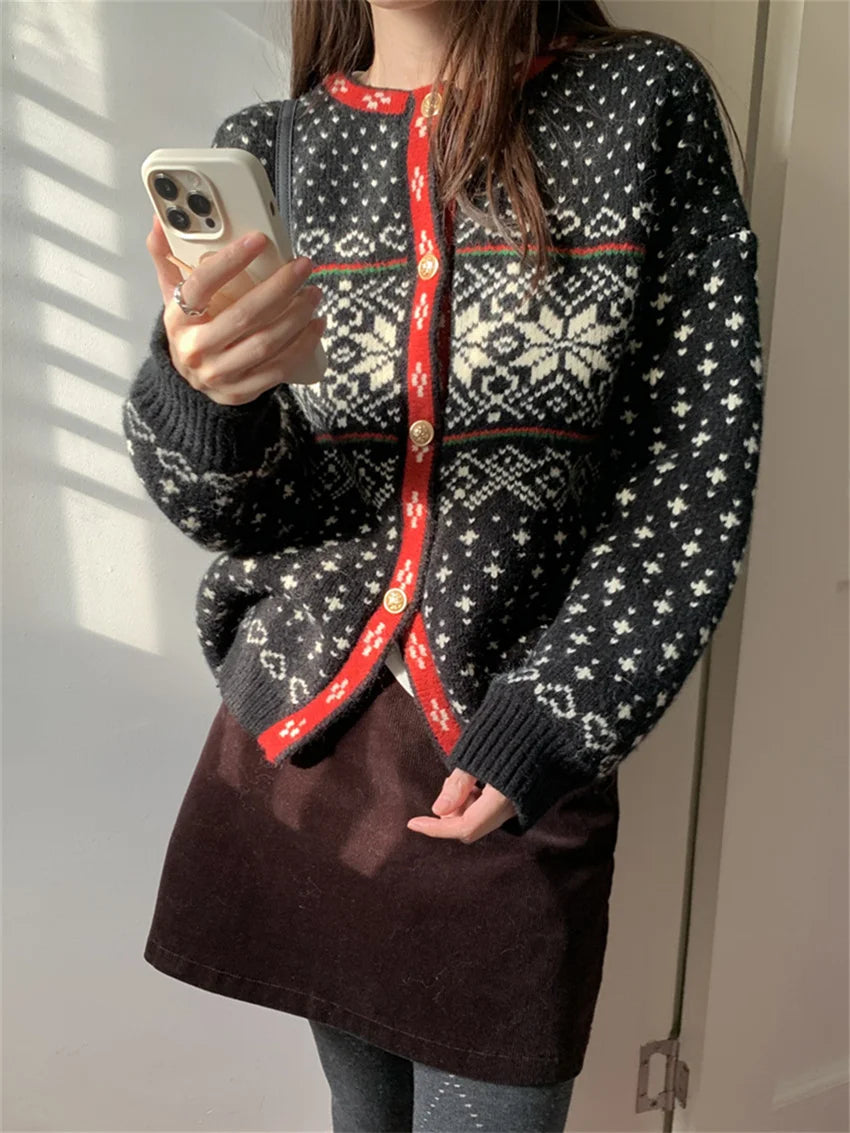 Retro Cardigans Coats Florals Daily Winter Thicken Gentle New Loose Knitwear All Match Sweaters
