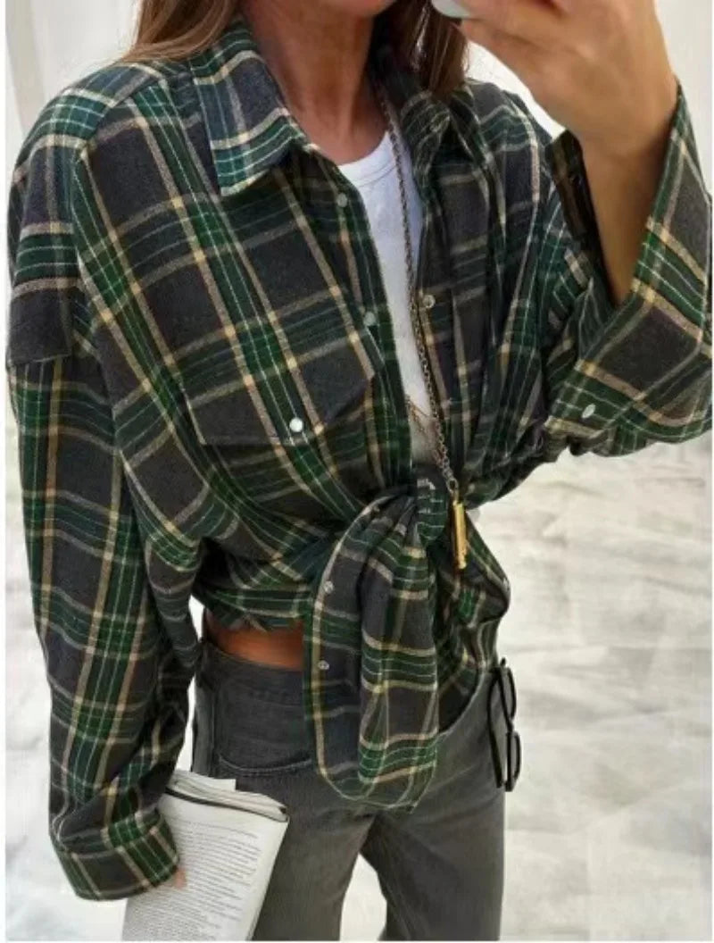 Summer Oversized Plaid Shirt Long Sleeve Loose Fit Blouse Autumn Female Office Shirt Tops for Woman