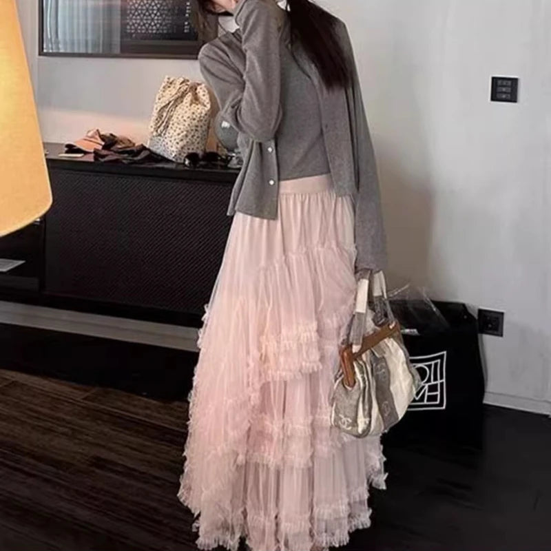 Pleated Loose Mesh Midlength Skirt Summer New Korean High Waist Color All Match Aline Skirt