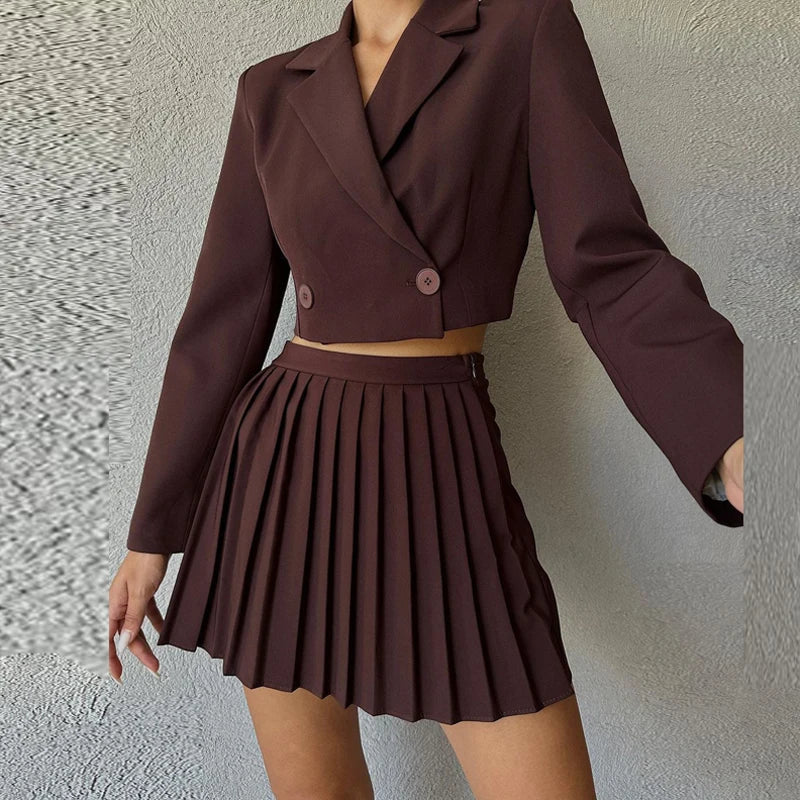 Commuter Lady Lapel Short Blazer Suit Sets Spring Double Breasted Top+pleated Shorts Skirt Outfit Autumn Twopiece