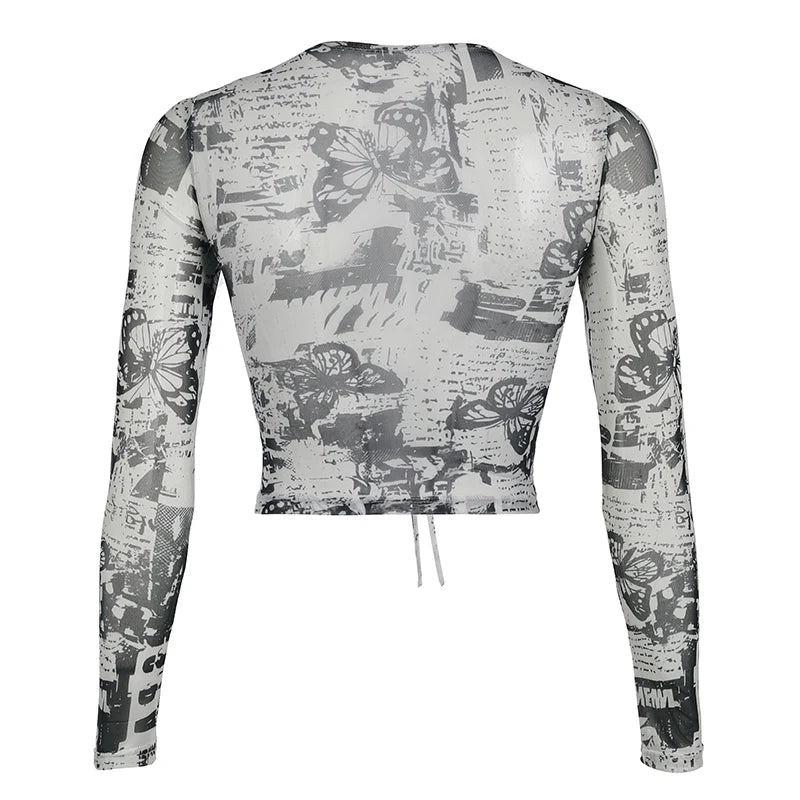 Grunge Mesh Butterfly Print Crop Top See Through Long Sleeve Hollow Out T-shirt Stylish Y2k Street Outfits