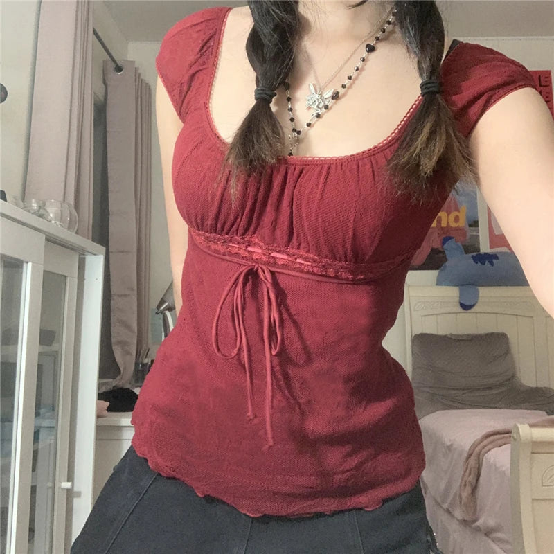 2000s Aesthetic Sweet Lace Tops Off Shoulder Drawstring T-shirt Korean Female Tee Fairy Grunge