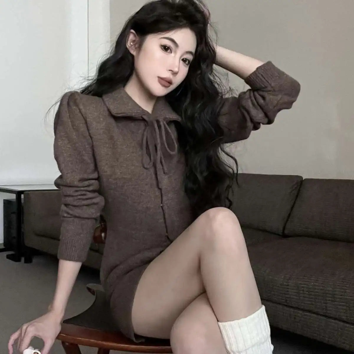 Sweet Hot Girl Suit Spring Turndown Collar Knitted Cardigan High Waisted Shorts Twopiece Set Female Clothes