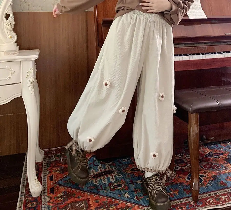 Mori System Corduroy Drawstring Trousers Loose Bud Wide Leg Trousers Anklelength Pants