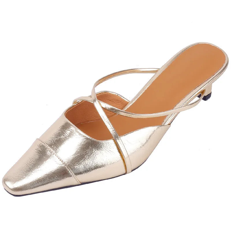 Spring Summer Sandals Party Genuine Leather Thin Heels Mules Slippers Narrow Band Shoes Woman