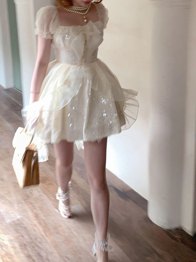 French Style Temperament Sweet for Dress New Spring Summer Sequinstighten the Waist Dress Bow Princess Mini Dress