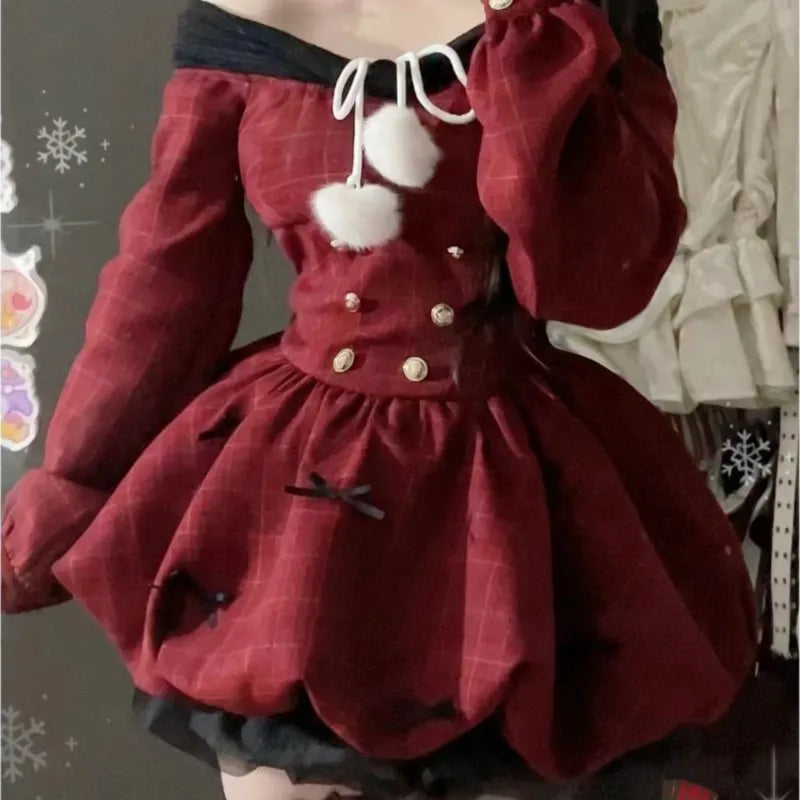 Y2k Christmas Red Party Dress Sweet Plaid Bow Dresses Female Korean Kawaii Mini Dress