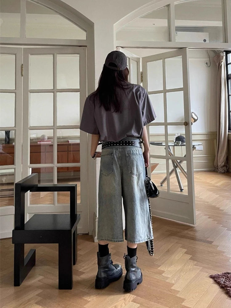 Ripped Oversize Denim Shorts Jeans Hollow Out Calflength Pants Hip Hop Summer Bottoms