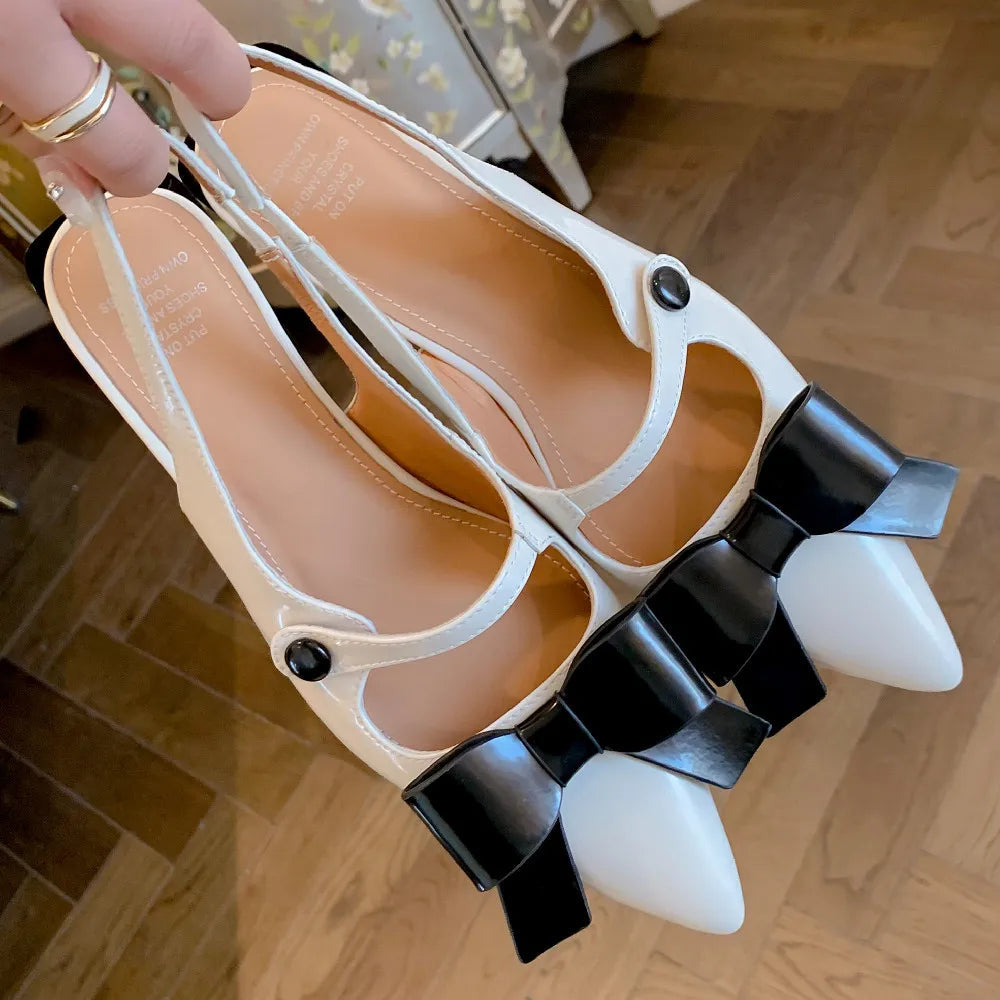 Genuine Leather Thick High Heel Pointed Toe Slipon Pumps Sweet Bowtie Korean Style Summer Heeled Sandals Shoes