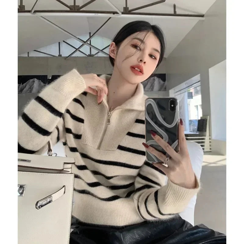 ’s Autumn Winter New Retro Lapel Half Zipper Contrasting Stripes Sweater Long Sleeved Loose Knitted Coat