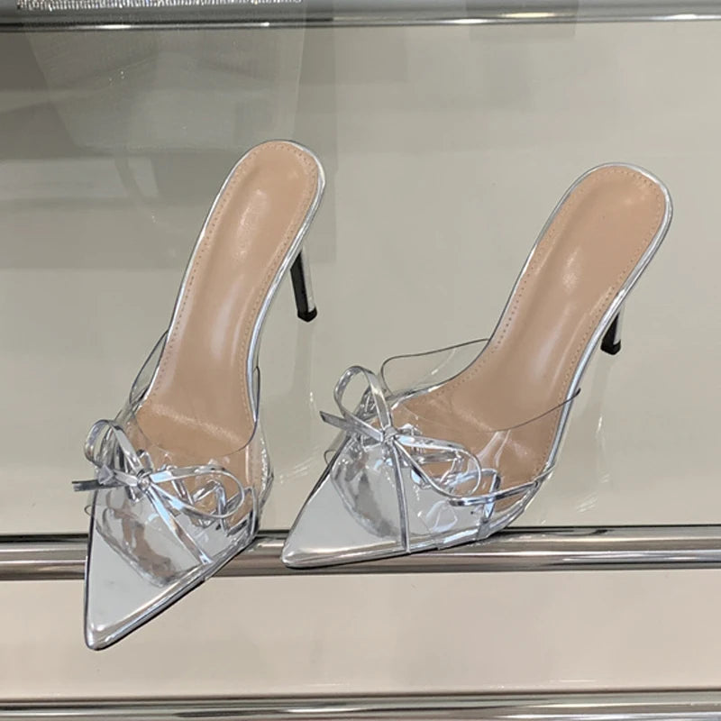 Pointed Toe Red High Heels Transparent Slippers Leather Bowknot Designer Sandal Summer Party Dress Shoes