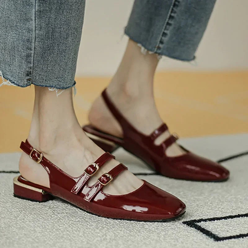 Sandals Summer Shoes Woman Flats Double Buckle Mary Janes Shoes Patent Leather Dress Shoes Back Strap Zapatos Mujer
