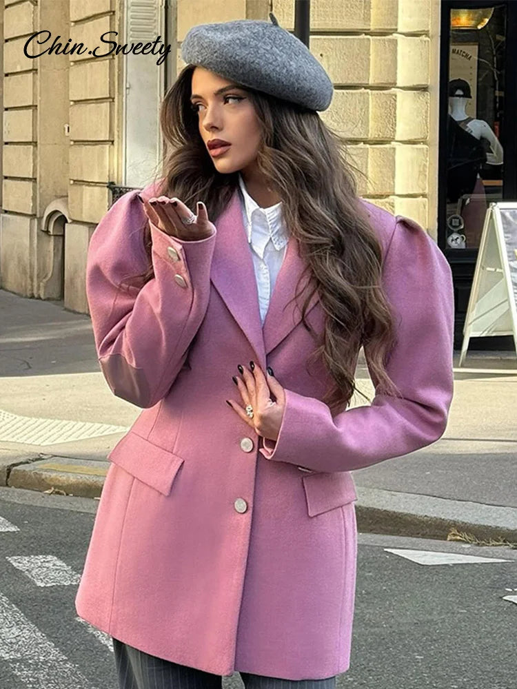 ’s Puff Sleeve Blazer Slim Lapel Single Breasted Cinched Waist Female Jacket Spring Lady High Street Outwears
