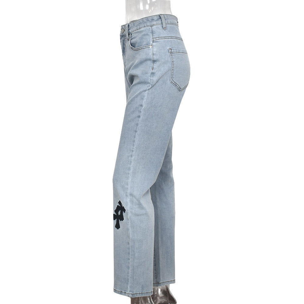 Low Waist Straight Denim Trousers Cyber Y2k Goth Pants Mom Jeans