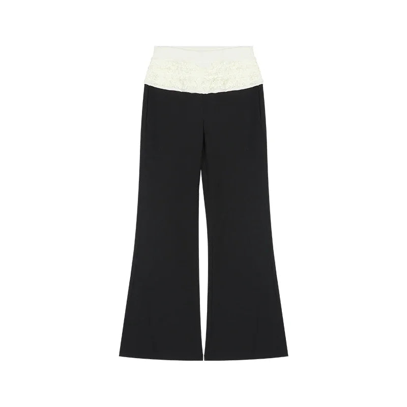 Spring New Korean Polka Dot Lace Up Longsleeved Tshirt + Contrast Color Patchwork Pants Twopiece Suit