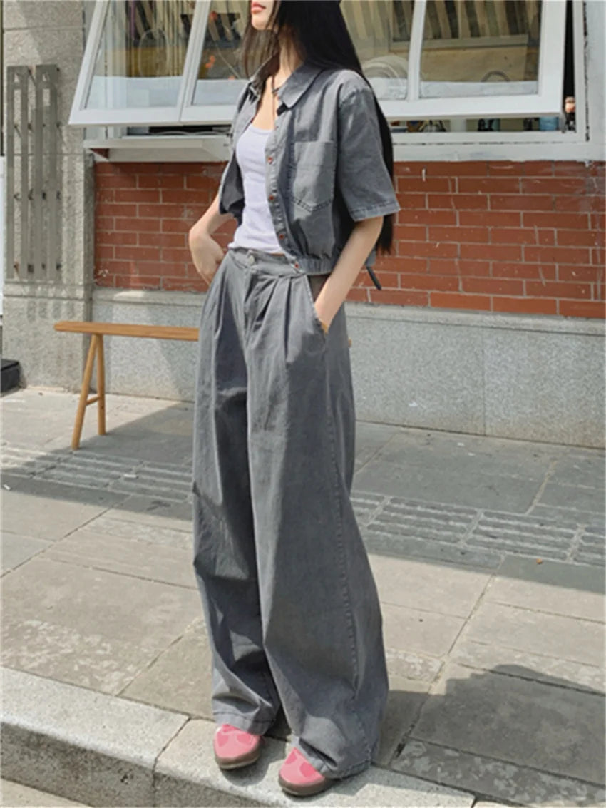 Retro Denim High Street Coats Short Sleeve Slim Mopping Summer New Pants Sets Office Lady All Match