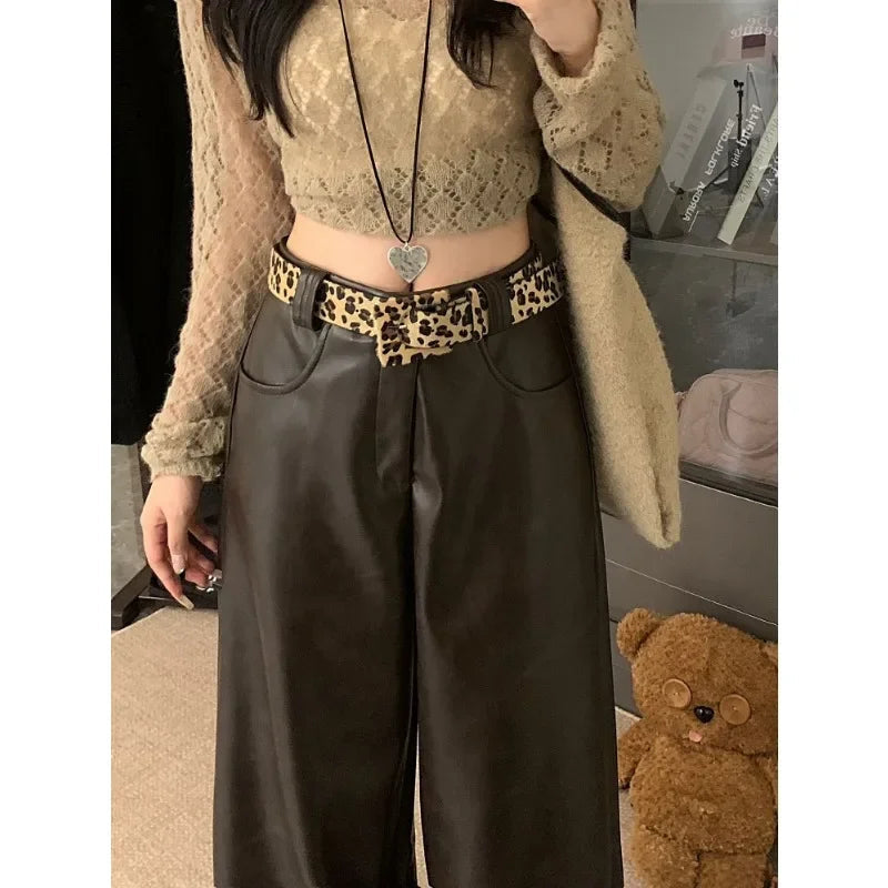 Color Allmatch Leather Wide Leg Pants Winter New High Waist Leopard Belt Loose Pants