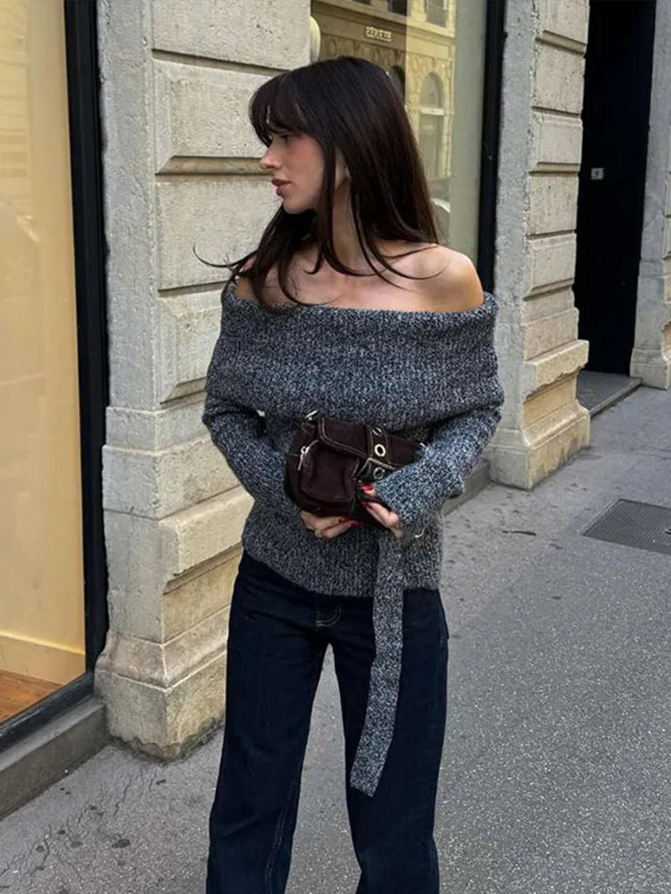 Off Shoulder Sweater With Belt Knitted Thick Long Sleeve Sweaters Female Winter Street Knitwear