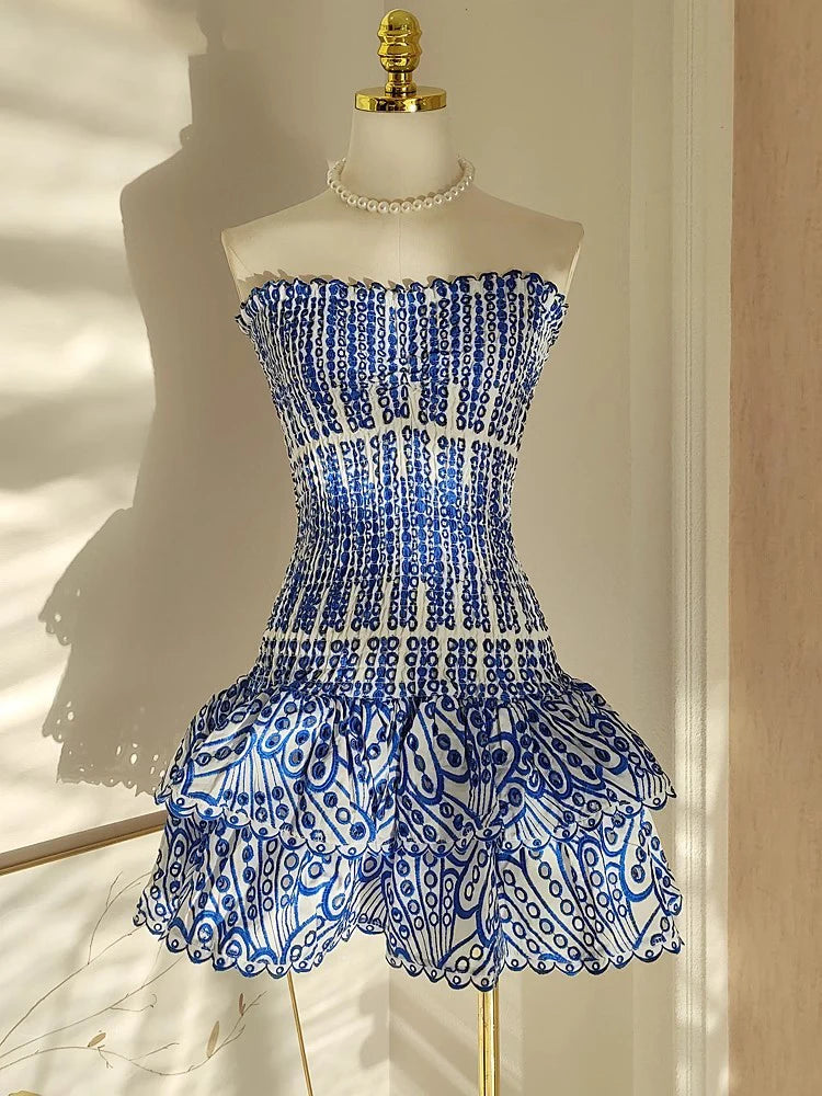 Embroidery Cut Out Woman Mini Dress Strapless Off Shoulder High Waist Vestidos Female Clothing Summer 23a430