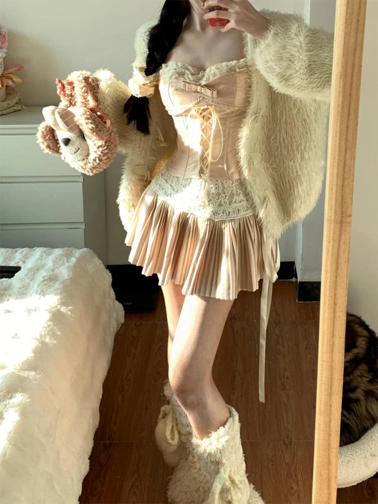 Y2k Coquette 2000s Aesthetic Ballet Core Rave Birthday Gyaru Outfits 2 Piece Set Camisole + Night Club Mini Pleated Skirts