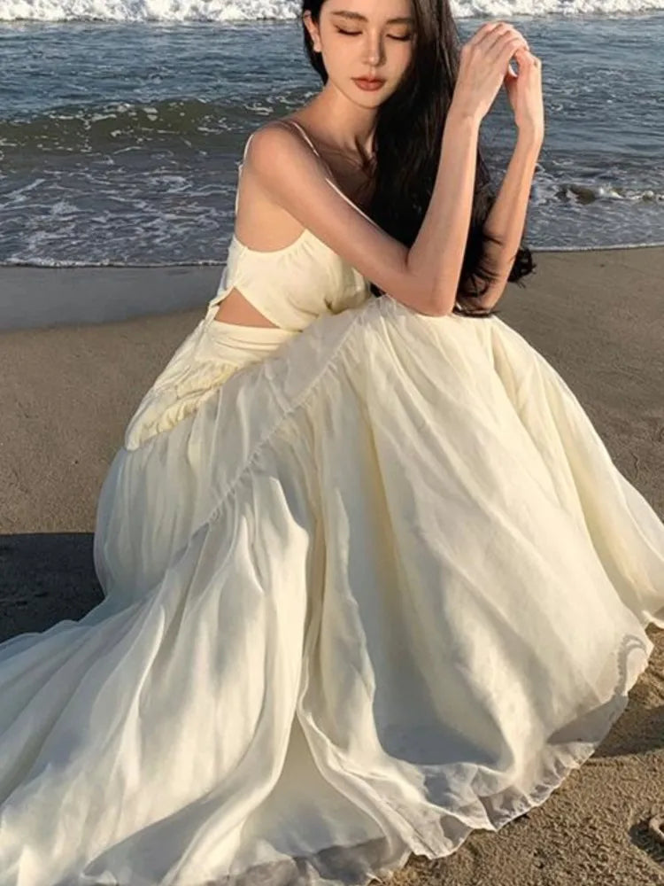 Beige Club Backless Pleated Slip Dress Summer Vneck Slim Lace Up Sleeveless Evening Party Fairy Long Dresses