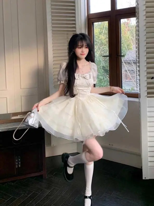 Lolita Kawaii Sweet Y2k Mini Dress Woman Short Sleeve Party Dress Japanese Lolita Korean Dress Summer