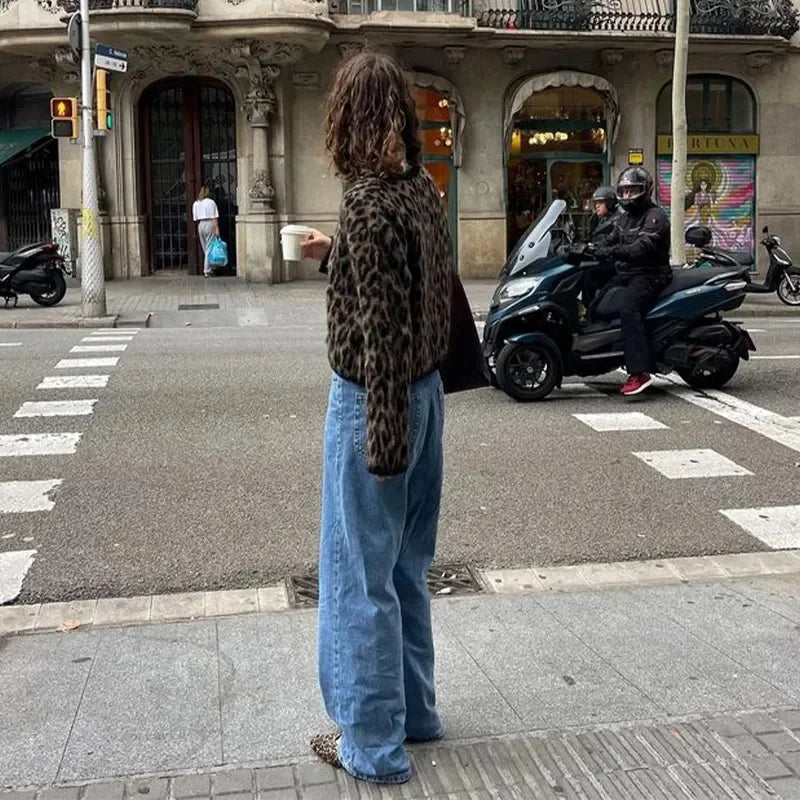 Leopard Print Knitted Mohair Cardigans O Neck Single Breasted Short Sweater Autumn New Lady