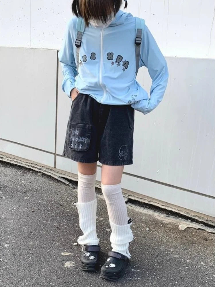Y2k Japanese Denim Shorts Harajuku Cartoon Embroidery Baggy Summer Jeans Short Bottoms