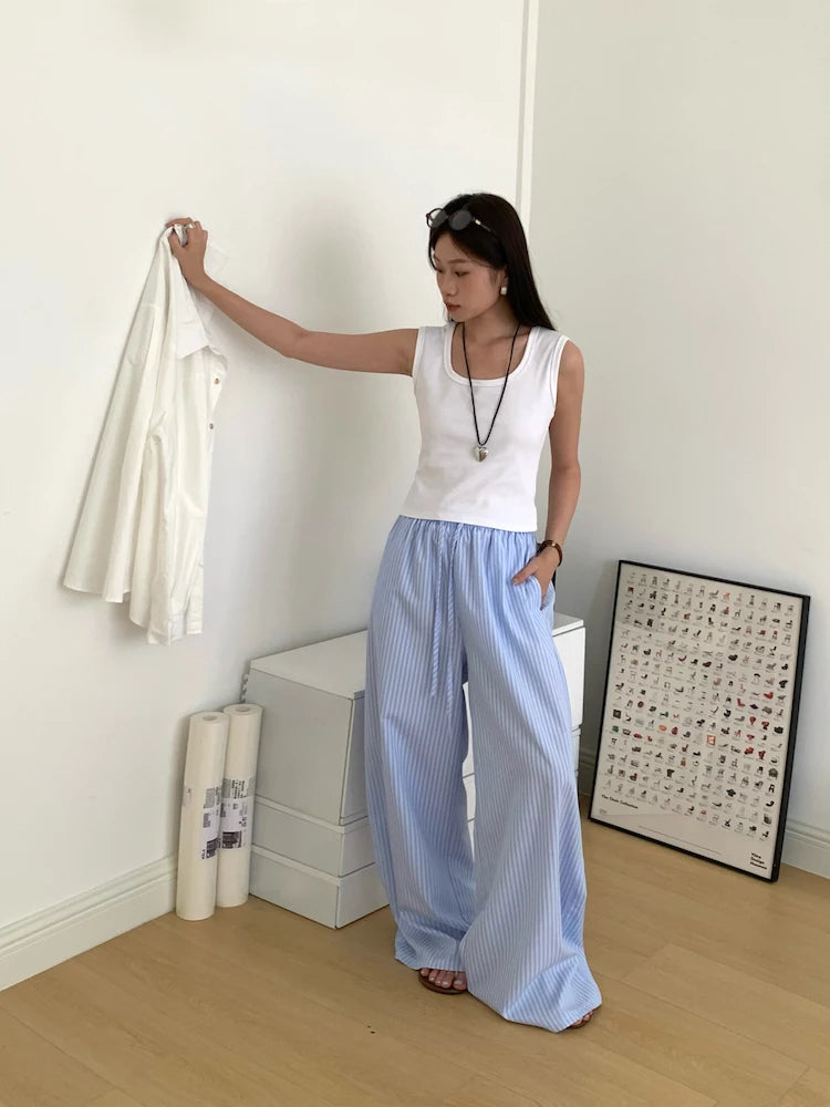Korean Summer Age Reducing Temperament Elastic Waist Drawstring Loose Versatile Striped Pants Floor