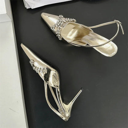 Design Crystal Rhinestone Pumps Buckle Strap Banquet Thin High Heels Prom Sandals Mule Shoes Zapatos De Mujer