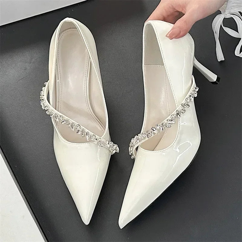 Rhinestone Chain Thin High Heels Pointed Toe Pumps Office Shoes Female Dress Shoes Zapatos De Mujer