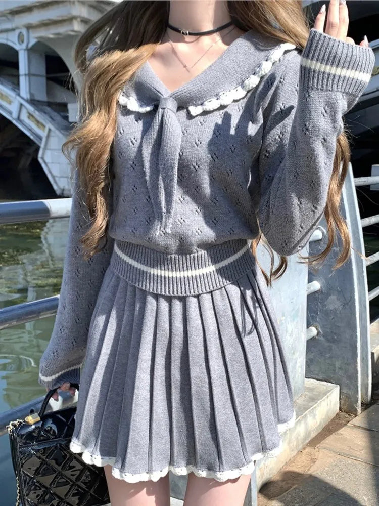 Y2k Sweet Knit Pleated Mini Skirts Suits Korean Preppy Style Two Pieces Set Female Slim Sweater New Outfits