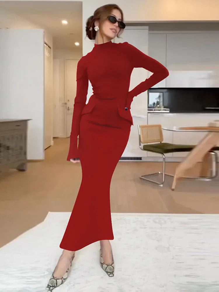 Half Turtleneck Long Sleeves Maxi Dress Office Lady Clothing Back Slit Gown Dress Female Autumn