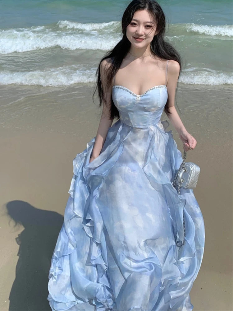 New Summer Long Dresses for Spaghetti Strap Korean Aline Ruffles Beach Style Party Dress One Piece Vestido Mujer
