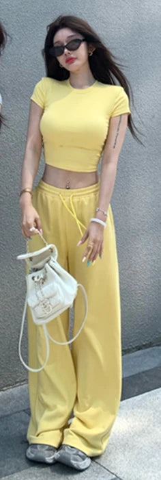 Sweet Hot Girl Suit Summer Slim Fit Oneck Shortsleeved Tshirt Wide Leg Long Pants Twopiece Set Female Clothes