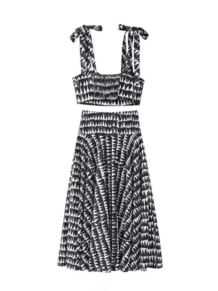 2 Piece Set Printed Bow Lace Up Cropped Camisole Sleeveless Tops High Waist Aline Pleated Skirts