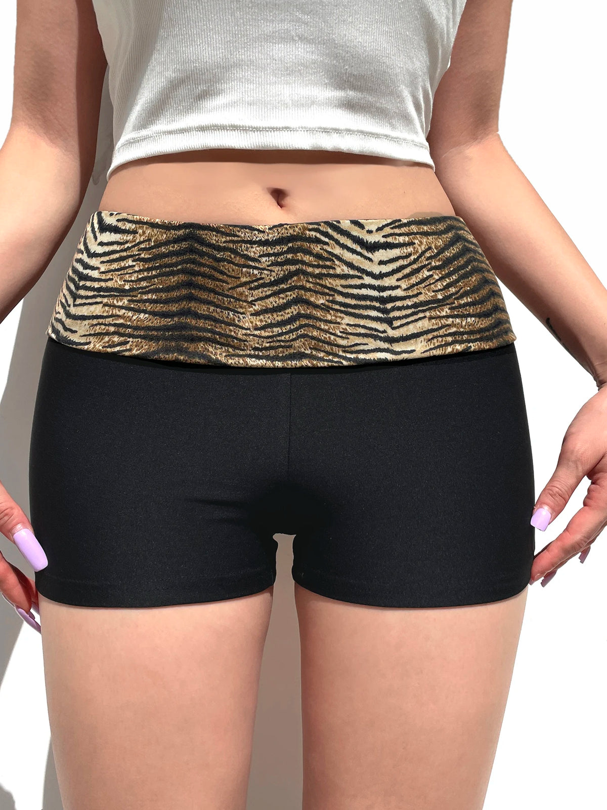 Contrast Animal Stripe Waist Slim Black Shorts for Summer Skinny Hot Short Pants Rave Baddie Outfits