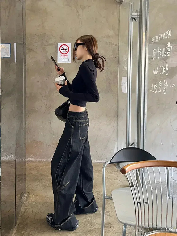 Black Wide Leg Jeans With Rivets Y2k High Wasit Denim Pants Korean Style Kpop Baggy Harajuku Trousers New