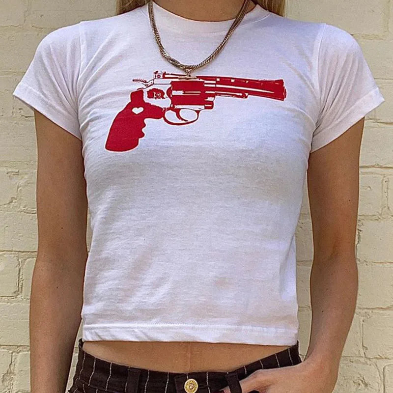 Y2k European and American Street ’s Pistol Funny Print Short Naked T-shirt Slim Fit Top