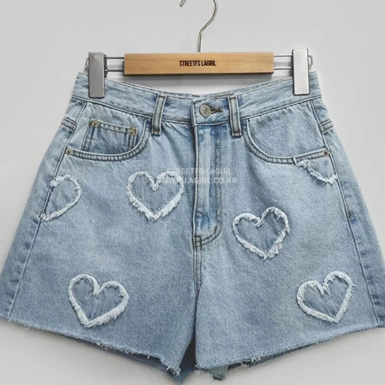Sweet Fur Heart Pattern Denim Shorts for Y2k High Waist Loose Straight Short Pants Summer New Wide Leg Shorts