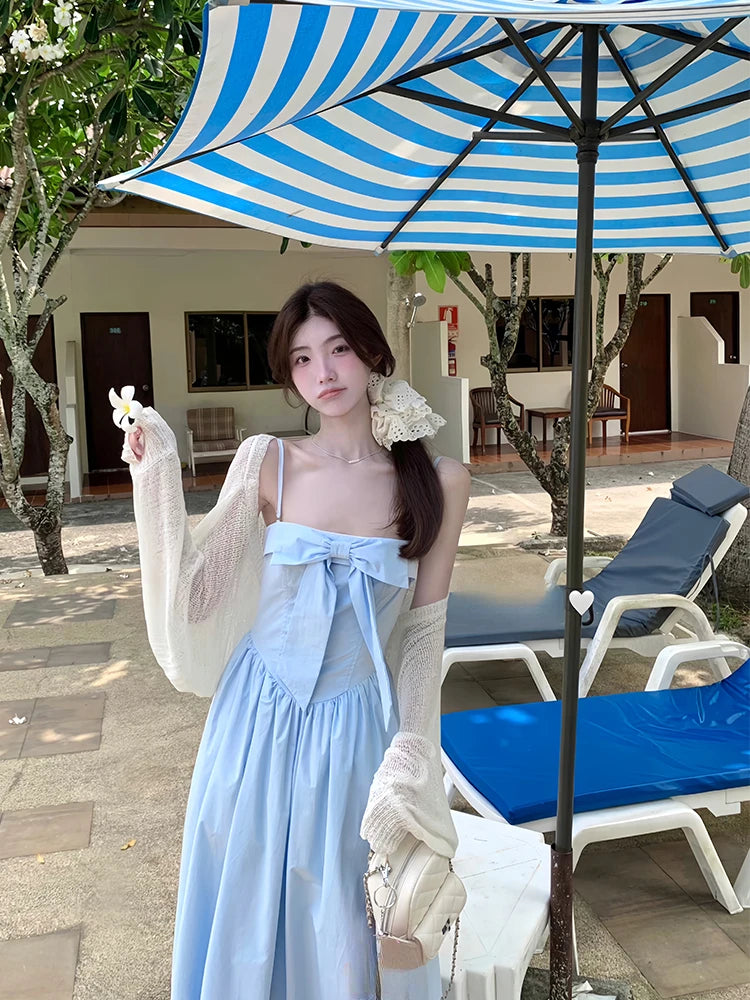 Japanese Midi Dress Sweet Strap Blue Bow Strapless Dress Beach Style One Piece Dress Korean Summer